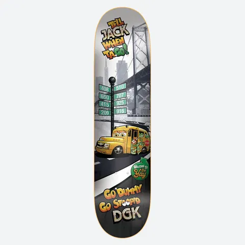 DGK Thizz Curtin 8.25 skateboard deck: A yellow cartoon school bus with a face sits beneath a black and white Bay Bridge and city skyline. A signpost of area codes stands beside it, with bold slogans at top and bottom.