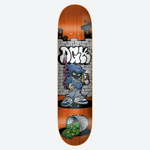 DGK Throwie Mazzari 8.1 skateboard deck: Orange-stained deck showing a hooded cartoon graffiti artist spraying a brick wall tagged with a bubble-letter DGK, above a bin overflowing with DGK dollar bills. City skyline silhouettes in the background.