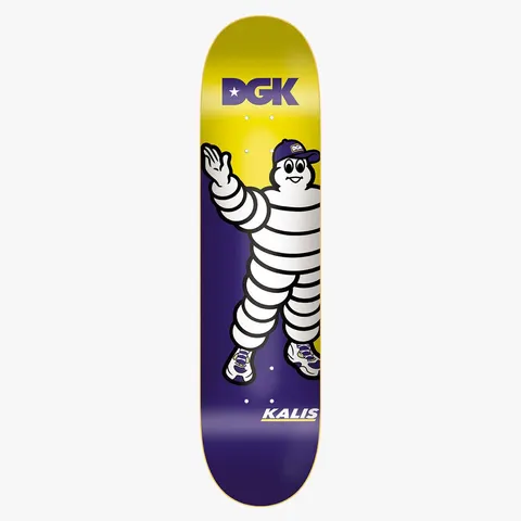 DGK Traction Kalis 8.1 skateboard deck: Cartoon tyre-man mascot in a cap and trainers waving, on a purple deck with a yellow top and a large DGK logo. Rider name in yellow at the bottom.