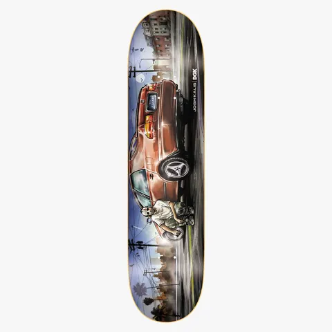 DGK Tri Spoke Flex Kalis 8.06 skateboard deck: Airbrushed-style illustration of a lowered maroon hatchback with three-spoke wheels on a city street, a masked figure crouching beside it, with palm trees, telegraph poles and buildings under a blue sky.