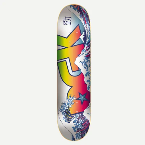 DGK Tsunami Rainbow 8.1 skateboard deck: Large DGK letters filled with a rainbow gradient on a white background, overlaid by Hokusai-style great wave illustrations in blue. A star sits near the tail and a kanji mark near the nose.