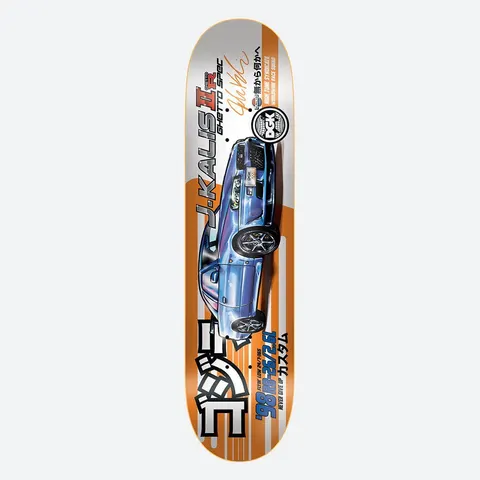 DGK Tuner Kalis 8.25 skateboard deck: Tuner-car magazine style graphic of a blue sports car in three-quarter view on a silver and orange striped background, with Japanese characters, specification text, a signature and the DGK logo.