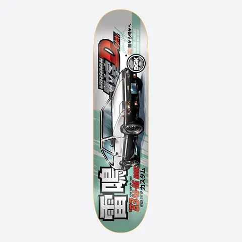 DGK Tuner Vaughn 8.0 skateboard deck: Illustration of a white and black hatchback sports car in a Japanese street-racing anime style, with Japanese lettering, red Initial D-style logo and a DGK badge on a metallic silver and mint green speed-streak background.