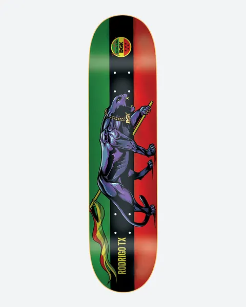 DGK United TX skateboard deck: A purple panther wearing a gold chain and carrying a flag on a pole, standing on a green, black and red striped background, with a DGK badge near the nose and Rodrigo TX along the tail.