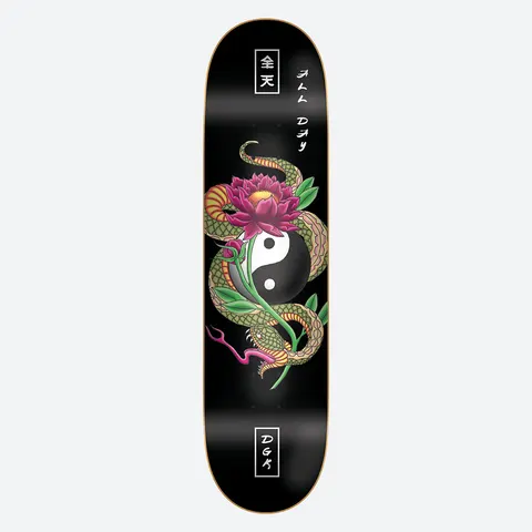 DGK Viper 8.1 skateboard deck: Black deck with a green snake coiled around a pink lotus flower and a yin-yang symbol. Kanji and 'All Day' in boxes and script at the top, DGK in a box at the tail.