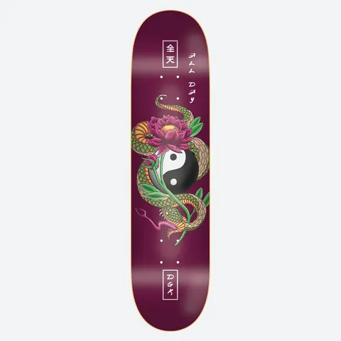 DGK Viper Burgundy 8.1 skateboard deck: Traditional tattoo-style green and gold snake coiled around a pink lotus flower and a yin-yang symbol, on a burgundy deck, with Japanese characters and All Day handwriting and a DGK box.