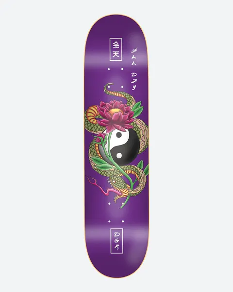 DGK Viper Purple 8.1 skateboard deck: A green and gold snake coiled around a yin-yang symbol and a pink lotus flower, on a purple deck with Japanese characters and All Day text, plus a DGK box at the tail.