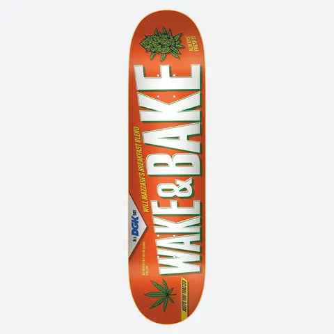 DGK Wake & Bake Mazzari 8.25 skateboard deck: Orange deck designed like a breakfast cereal pack with large white 'WAKE & BAKE' lettering, cannabis leaves and a bud, 'Will Mazzari's Breakfast Blend' text, a DGK flag badge and 'Always Fresh!!!'.