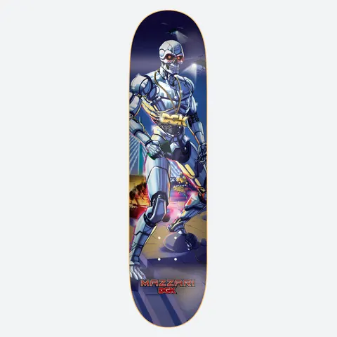 DGK Wired Mazzari skateboard deck: Illustration of a chrome robot with a skull face and glowing red eyes, wearing a gold DGK chain, standing in a neon-lit city street at night with a helicopter above. Rider name and logo at the tail.