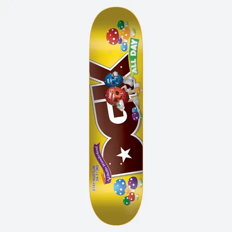 DGK Wonderland 8.1 skateboard deck: DGK logo styled as a chocolate bar, with candy characters in Jason-style hockey masks and colourful spotted mushrooms. Banners read ALL DAY and A Ghetto Wonderland, on a yellow background.