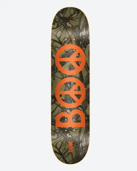 DGK Woodland Boo 8.25 skateboard deck: A large orange peace-sign pair forming the letters BOO over a woodland camouflage pattern of twigs and branches in olive and grey. Small DGK logo near the tail.