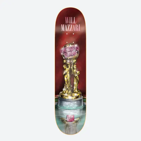 DGK World is Mine Mazzari 8.25 skateboard deck: Airbrushed gold trophy of two figures holding up a globe that reads 'The World Is Mine', on a marble plinth reflected in water against a deep red background, with the rider's name at the top.