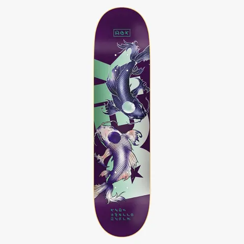 DGK Yin Yang Purple 8.06 skateboard deck: Two koi carp circling in a yin-yang arrangement, one dark and one pale with pink fins, over a large pale green shape on a purple deck. DGK logo box at the top and small text at the tail.