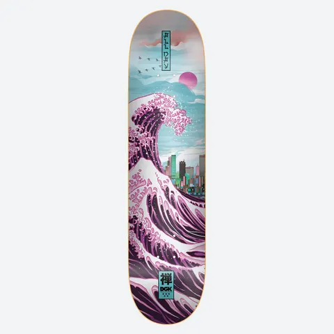 DGK Zen Purple skateboard deck: Great Wave style illustration in purple and pink with a modern city skyline in the curl, a pink sun, birds and cloudy sky. Japanese-style label near the nose and a kanji and DGK tag at the tail.
