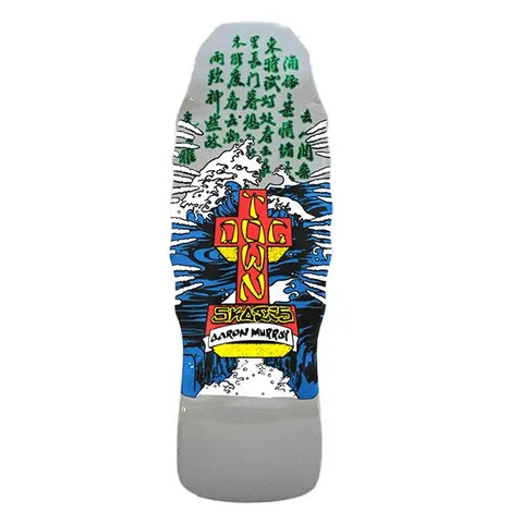 Dogtown Aaron Murray Fingers 80s x skateboard deck: Dogtown cross logo in red and yellow over a stylised blue and white crashing wave, with columns of green Chinese characters above, on a white old-school shaped deck. A banner names the rider.