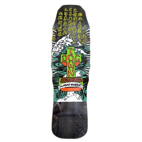 Dogtown Aaron Murray Fingers M80 - x skateboard deck: Old-school shaped black-stained deck with a green and orange Dogtown cross and Aaron Murray banner over a green and white crashing wave and skeletal hands, with columns of yellow Japanese-style characters above.