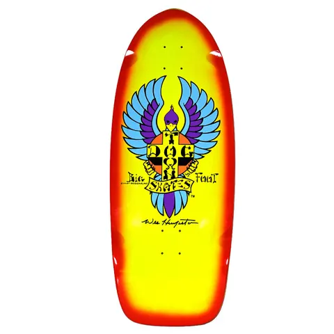 Dogtown Big Foot OG 70s Rider x skateboard deck: Old-school wide shape with a winged cross emblem, blue and purple wings, a purple bird head and the Dogtown Skates banner, with a signature beneath. The yellow deck fades to a red-orange border.