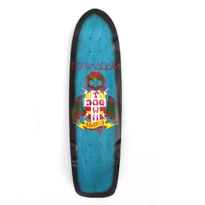 Dogtown Born Again 70s Rider x skateboard deck: Blue-stained old-school cruiser shape with a black painted border. Red BORN AGAIN lettering sits above the Dogtown cross logo, with a winged skull with red hair behind it and a yellow Skates banner below.