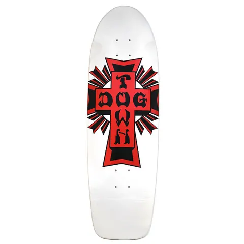 Dogtown Cross Logo 70s Rider 9 x skateboard deck: A large red and black Dogtown cross logo with the brand name in gothic lettering, ringed by radiating spikes, on a white old-school shaped deck.