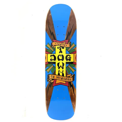 Dogtown Death to Invaders - x skateboard deck: Dogtown cross logo in yellow, orange and red with green rays, wrapped by banners reading Death and To Invaders. Black lightning bolts cross a blue and brown stained deck.
