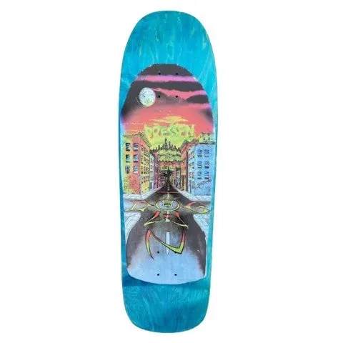 Dogtown Eric Dressen Street Pool x 32.325 skateboard deck: Airbrushed night street scene with a road running between brightly coloured buildings towards a glowing sky and moon, with Dressen graffiti-style lettering above and a stylised Dog logo on the road. Printed on a blue stained old-school shape.
