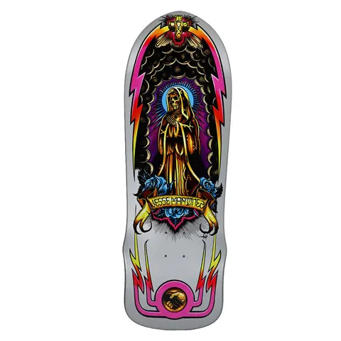 Dogtown Jesse Martinez Guadalupe Handshake 1987 10 x skateboard deck: A golden skeletal Virgin of Guadalupe in a hooded robe with a blue halo, set in a shield of dark scalloped wings flanked by pink and orange lightning bolts, with blue roses and a ribbon banner and a handshake emblem at the base, on a silver deck.