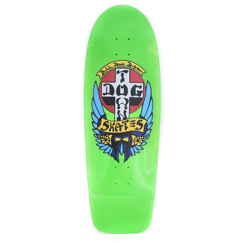 Dogtown Bull Dog OG 70s Classic skateboard deck: Neon green old-school deck with the Dogtown cross logo in a red disc, a yellow Bull Dog Design banner above and a SKATES banner below, with blue wings and a bearded face at the base.