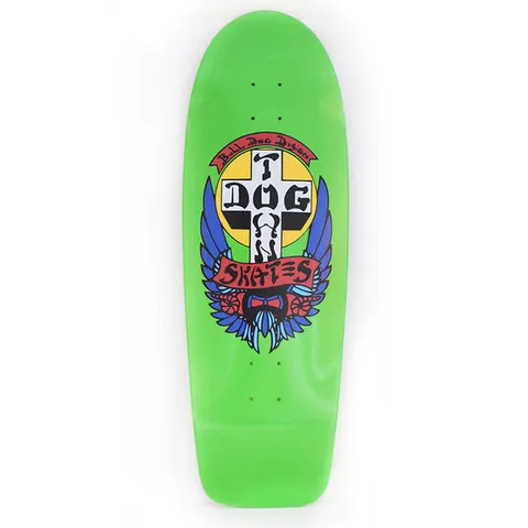 Dogtown Bull Dog OG 70s Rider 10 x skateboard deck: Dogtown Skates cross logo with the word Dog on the arm, on a yellow circle with blue wings and a red banner reading Skates, under a Bull Dog Design banner. Printed on a bright green old-school shaped deck.