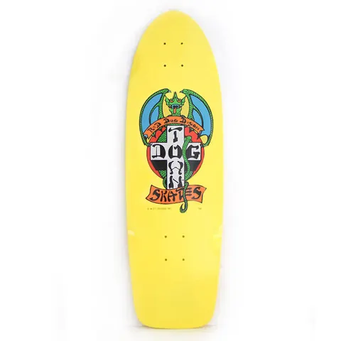 Dogtown Red Dog OG 70s Rider 9 x skateboard deck: The Red Dog Dogtown logo with a green dragon wrapped around a black and white cross spelling DOG TOWN, with an orange Skates banner below. It is printed on a yellow old-school cruiser shaped deck.