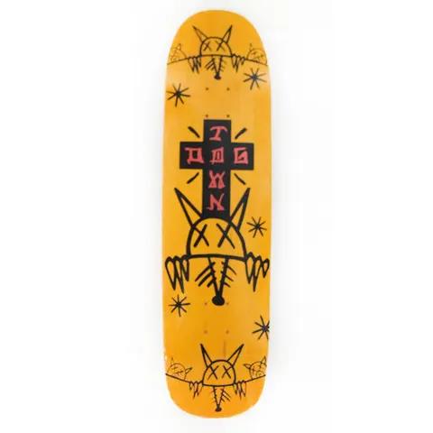 Dogtown Rat Face 2 Pool - x skateboard deck: A black cross containing red graffiti-style DOGTOWN lettering, with a scrawled rat face with crossed-out eyes below and smaller rat heads and stars at nose and tail. Orange stained pool-shaped deck.