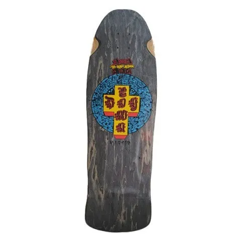 Dogtown Red Dog Mid Size Crisis 80s x 32 skateboard deck: A yellow cross with Gothic-style red Dogtown lettering over a blue Aztec calendar-style disc, with a small red logo above, on a weathered grey-stained old-school shape with wheel-well cut-outs.