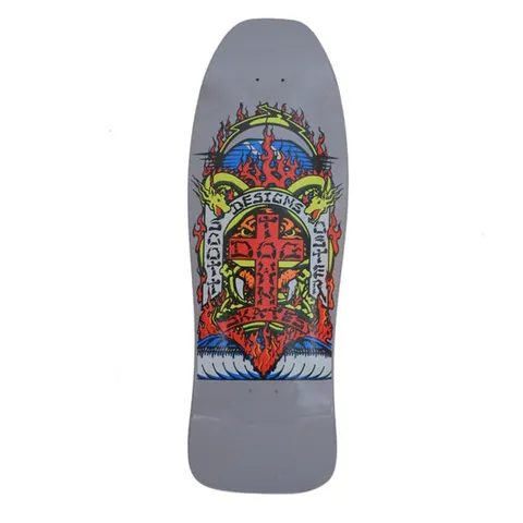 Dogtown Scott Oster 80s x skateboard deck: Grey old-school shape with a flaming red Dogtown cross inside a shield with twin green dragons, a blue wave beneath and a lightning bolt over the top. 'Scott Oster' and 'Designs' banners curve around the cross.