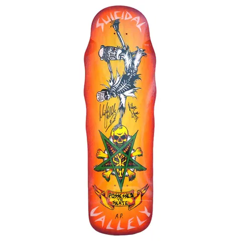 Dogtown Jims Corner - Signed VALLELY X SUICIDAL - Released 2015 skateboard deck: Old-school shaped deck with an orange-to-yellow sunburst. A skeleton holds a skateboard and hangs upside down above a skull and crossbones over a green pentagram, with a 'Possessed to Skate' banner below. Hand-signed in black marker.