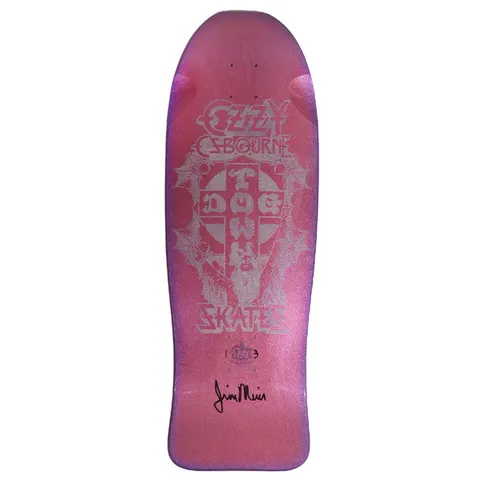 Dogtown Limited Dogtown Ozzy Osbourne - x - Magento Pearl / Purple Fade skateboard deck: Silver graphic on a pearlescent magenta to purple deck, showing Ozzy Osbourne lettering above a Dogtown cross with a robed figure beneath, bat wings around it and Skates lettering below. Signed in black marker.