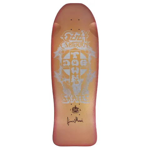 Dogtown Limited Dogtown Ozzy Osbourne - x - Gold Pearl / Red Flake Fade skateboard deck: Silver print on a pearly gold-to-red faded old-school shape: Ozzy Osbourne logo above a Dogtown cross with winged figures behind it and 'Skates' below, with a numbered tour logo and black signature at the tail.