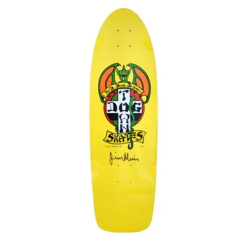 Dogtown Signed Dogtown Red Dog OG 70s Classic skateboard deck: Old-school shaped yellow deck with the Dogtown Skates Red Dog logo: a green dragon with orange wings wrapped around a black and white cross reading DOG TOWN, with a signature printed below.