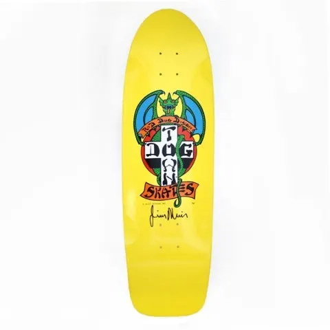 Dogtown Signed Dogtown Red Dog OG 70s Rider 9 x skateboard deck: Dogtown Red Dog design of a green dragon with outspread wings behind a black and white cross bearing the Dogtown name, with a red Skates banner and a black signature, on yellow old-school shape.
