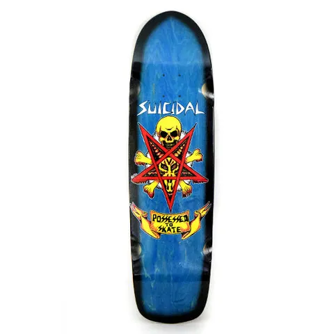 Suicidal Suicidal Pool Series Possessed to Skate x - Red skateboard deck: Yellow skull and crossbones sitting over a red inverted pentagram, with a yellow scroll banner reading 'Possessed to Skate' below. Suicidal logo above, on a blue-stained old-school shaped deck with black edges.