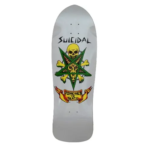 Dogtown Suicidal Skates Possessed to Skate 80s x skateboard deck: Yellow skull and crossbones overlaid with a green pentagram containing a horned goat-like face, above an orange ribbon reading Possessed to Skate, with Suicidal lettered at the top of a grey old-school deck.