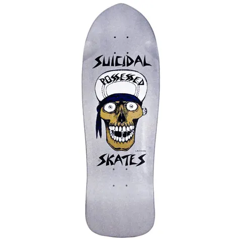 Suicidal Punk Skull 80s x skateboard deck: Old-school shaped deck in silver-grey with a screaming skull wearing a white cap marked POSSESSED and a dark bandana, with an earring. Brush-style SUICIDAL lettering sits above and SKATES below.