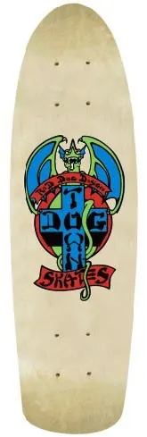 Dogtown Red Dog Old School skateboard deck: Dogtown Red Dog emblem on a natural cream wood deck: a green winged dragon sits over a cross with 'Dogtown' on it, with red banners above and below. Old-school cruiser shape.
