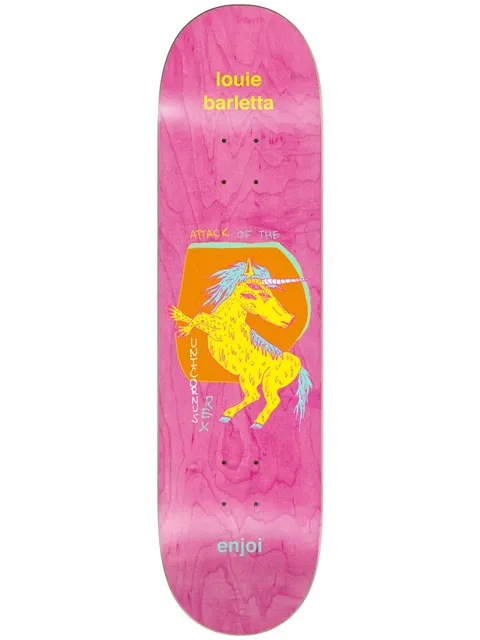 Enjoi Barletta Thirdeye R7 8.25 skateboard deck: A yellow three-eyed unicorn rears up in front of an orange shape on a pink wood-stain deck, drawn in a scratchy, hand-drawn style. Rider name at top and Enjoi at the tail.