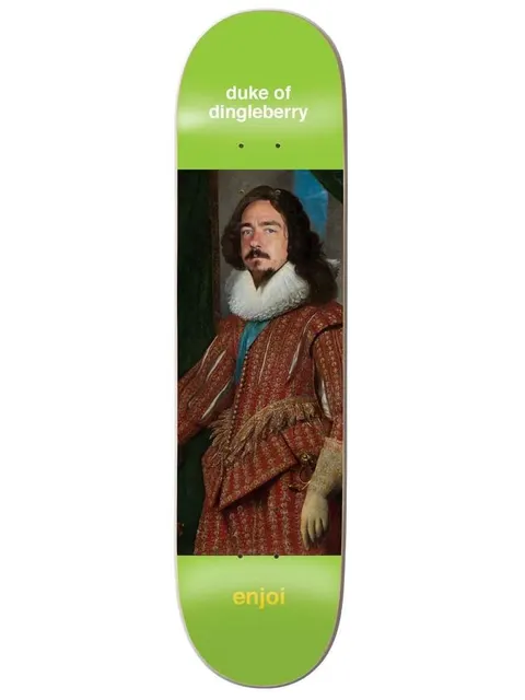 Enjoi berry renaissance skateboard deck: A Renaissance-style oil portrait of a man with long dark hair and moustache in a white ruff collar and red embroidered coat, on a bright green deck with the caption above and the Enjoi logo below.