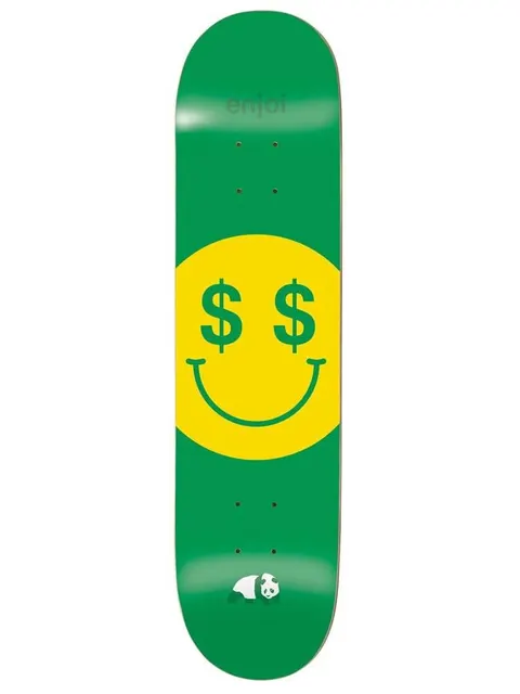 Enjoi cash money skateboard deck: Large yellow smiley face with green dollar signs for eyes across the middle of a plain green deck, with a small enjoi wordmark at the top and the panda logo at the tail.