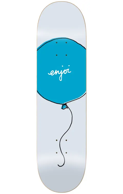 Enjoi float HYB 8.5 skateboard deck: Pale grey deck with a large hand-drawn blue balloon with a black outline and a wavy string trailing toward the tail. The enjoi name is written in white script on the balloon.