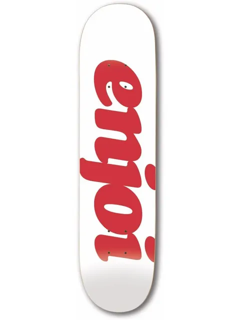 Enjoi Flocked White skateboard deck: Large red rounded script 'enjoi' logo running up the full length of a plain white deck, with the dot of the i near the nose.