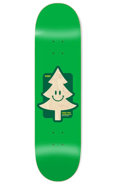 Enjoi Happy Tree Super Sap R7 8.25 skateboard deck: A smiling pine tree cut out to show natural bare wood, set in a darker green rounded square on a bright green deck, with the Enjoi name and a small caption about happy trees in yellow.