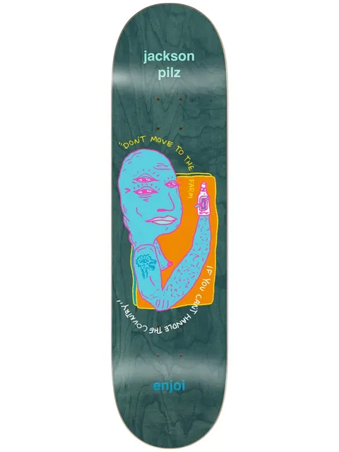 Enjoi pilz third eye R7 8.5 skateboard deck: Teal stained deck with a naive drawing of a blue three-eyed face and hairy tattooed arm holding a bottle, on an orange square. A slogan curls around the figure, with the rider name above.