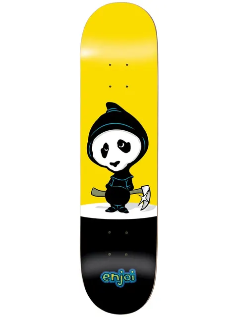 Enjoi Creeper HYB 7.5 Yellow skateboard deck: Cartoon panda in a black hood holding a pickaxe, standing on a white patch, on a yellow upper half over a black lower half, with the enjoi logo at the tail.