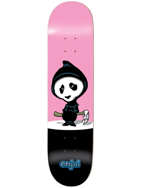 Enjoi Creeper HYB 8.0 Pink skateboard deck: Cartoon panda in a black hood holding a small axe, standing on a white spot over a pink top half and black lower half, with a blue enjoi logo at the tail.